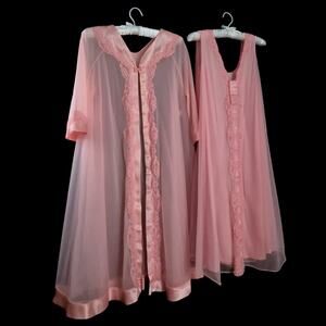 Vintage 2pc SATIN Peignoir Set PINK Coral NYLON Nightgown Robe Chiffon ~ M/L